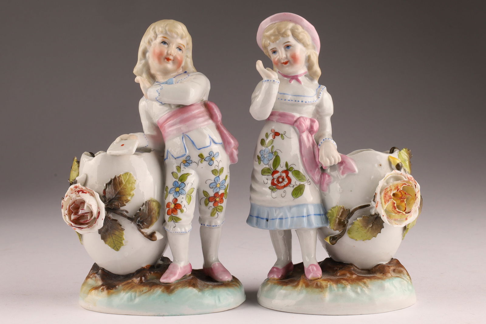 Pair of Antique German Dresden Porcelain Figures with Eggshell Vases (1 of 7)