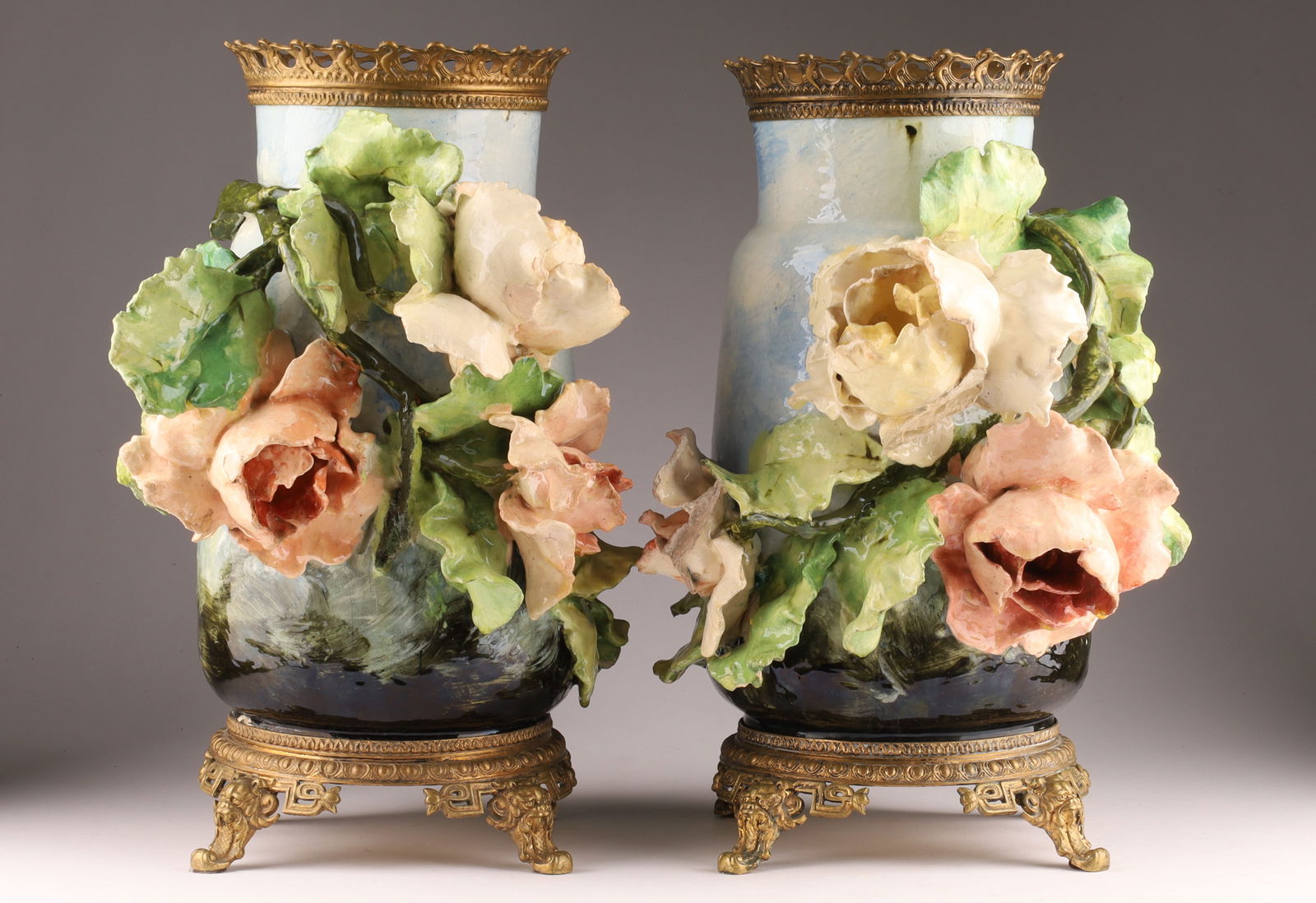 Pair of French Floral Still-life Aesthetic Movement Mounted Barbotine Majolica Vases (1 of 12)