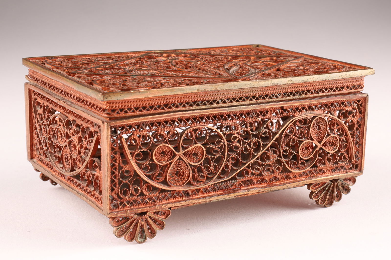 Antique Albania Handmade Copper Filigree Trinket Box (1 of 6)
