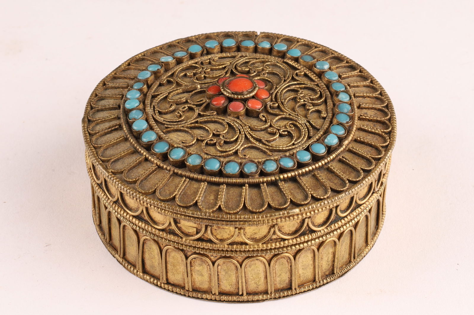 Tibetan-Style Gilt Metal Box with Inset Cabochons (1 of 5)