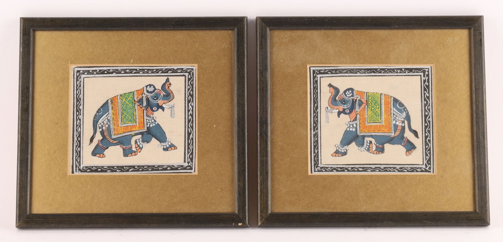 Pair of Hand-Painted Indian Rajasthani Miniature Elephant Paintings on Silk (1 of 4)