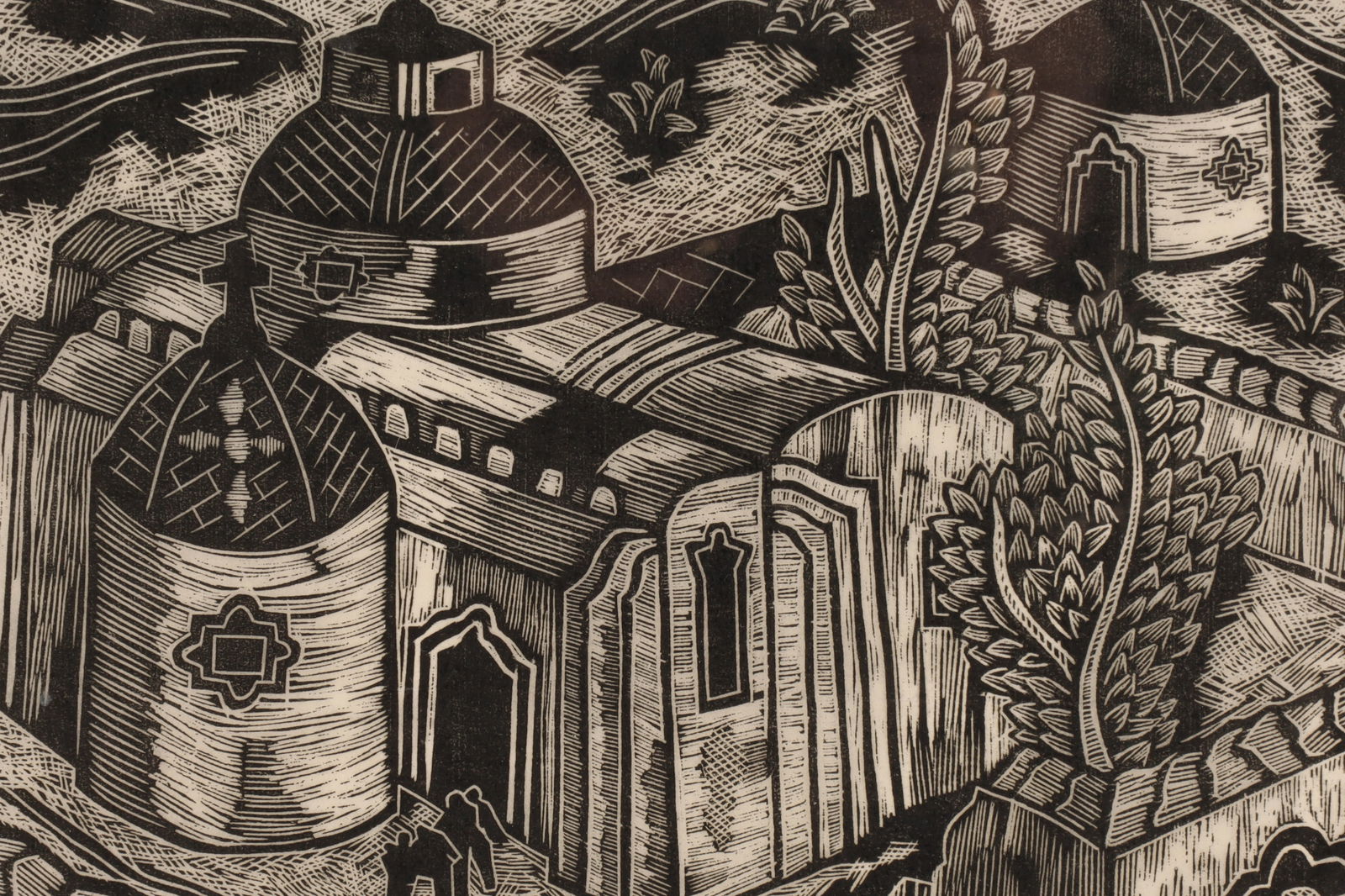 Cawthra Mulock (Canadian, 1915-1998), Linocut Cityscape with Churches: Cawthra Mulock (Canadian, 1915-1998) framed black and white linocut print of a detailed cityscape, depicting a church or cathedral. Signed lower right, numbered 3/35. Measuring 6.25 inches H x 8.5 W w