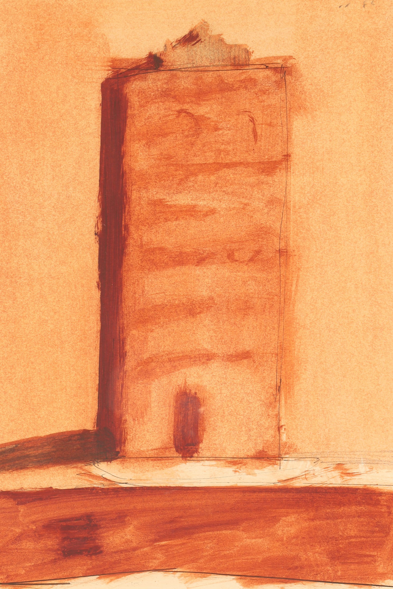 Alain Martin (b. 1958) Oil on Paper, L’edifice, Canadian Modernist Architectural Study: Alain Martin (Canadian, 20th Century) L’edifice Description Oil on paper depicting a simplified architectural form rendered in warm sepia and earth tones. The composition presents a monolithic