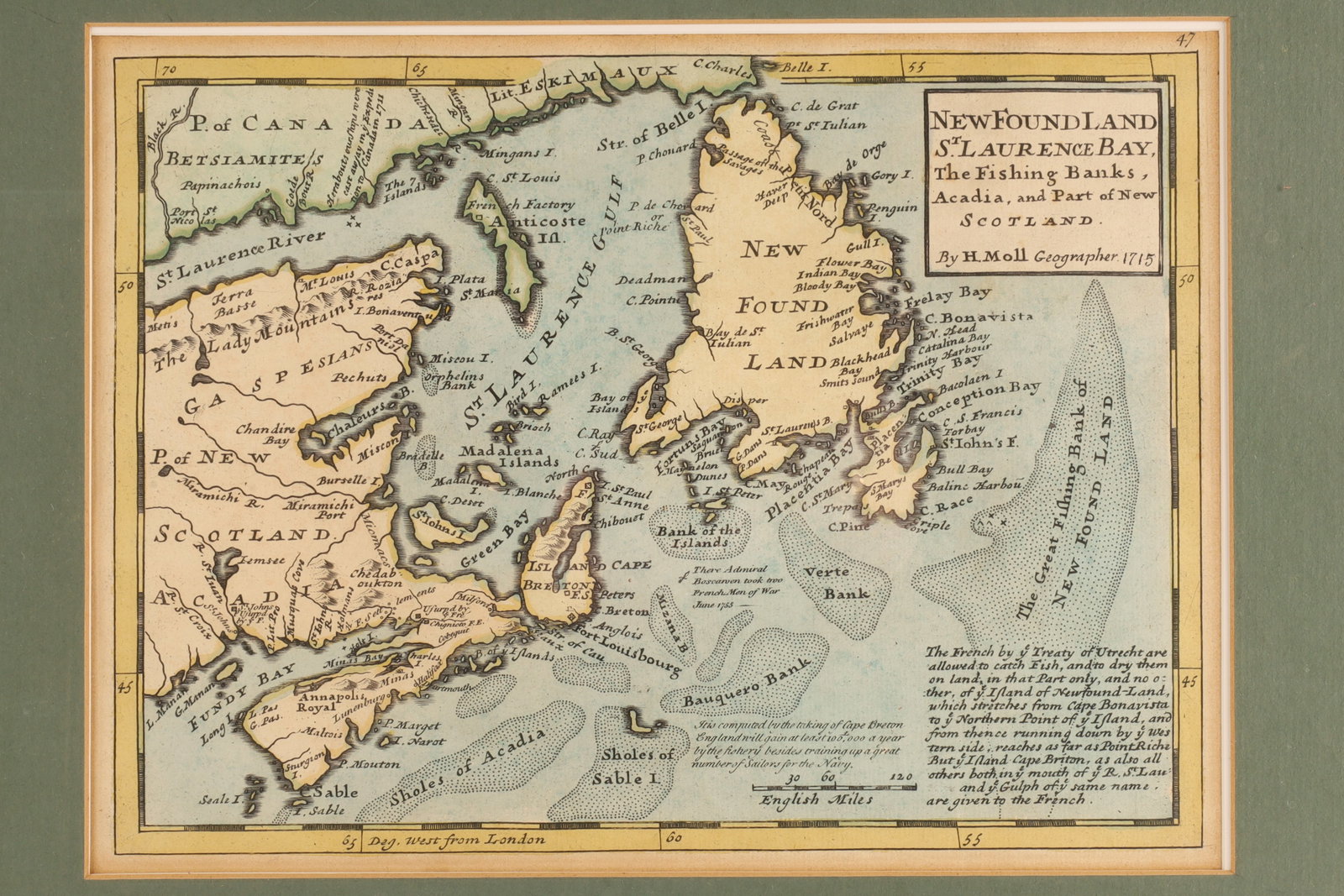 18th Century Map of Newfoundland and St. Lawrence Bay, H. Moll, Hand-Colored (1 of 6)