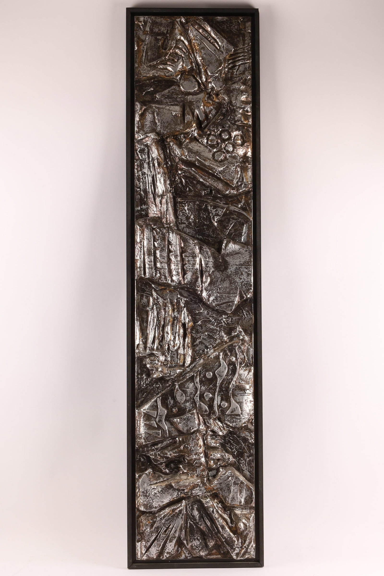 Rondeau (Canadian, 20th c. ) Large Mixed Media Relief Panel Including Metalic Relief, ca. 1996: Rondeau (Canadian, 20th c.), signed and dated 1996. A striking vertical modernist relief panel executed in mixed media including metal, featuring deeply modeled architectural and organic forms in high