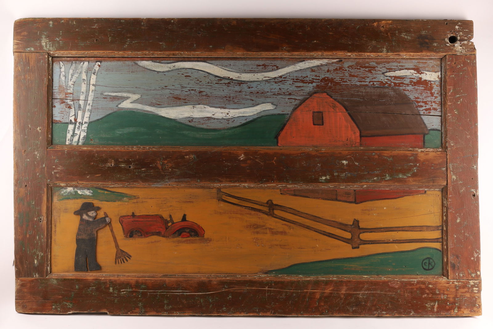 American Folk Art Rural Farm Scene Door Painting Signed EK (1 of 10)