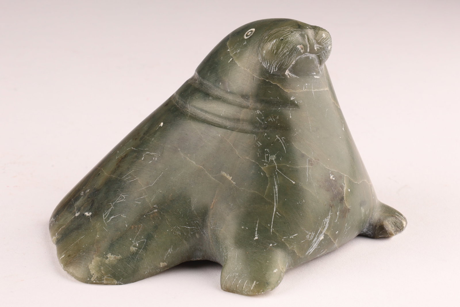 Green Soapstone Walrus Carving, Arctic Animal Sculpture, 4 Inches (1 of 6)
