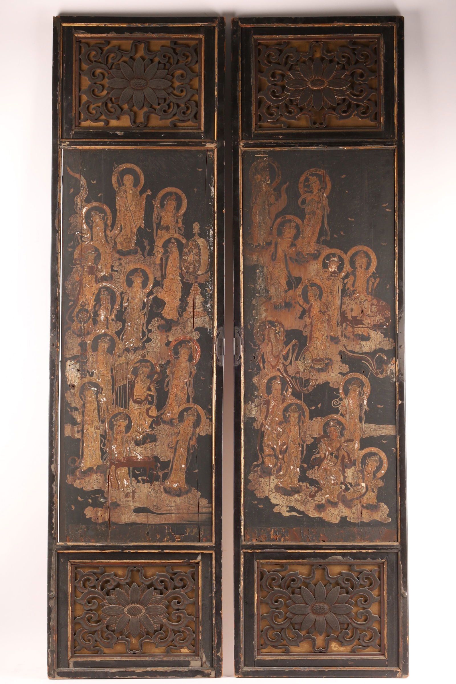 Pair Antique Japanese Tosa School Gold Lacquer Door Panels Buddhist Saints Angels Clouds Todai-ji: Rare pair of Japanese Tosa school temple door panels (fusuma style): Gold-on-black lacquer with gilded Buddhist saints, descending angels on wings among clouds. From Todai-ji Temple, Nara (label prove