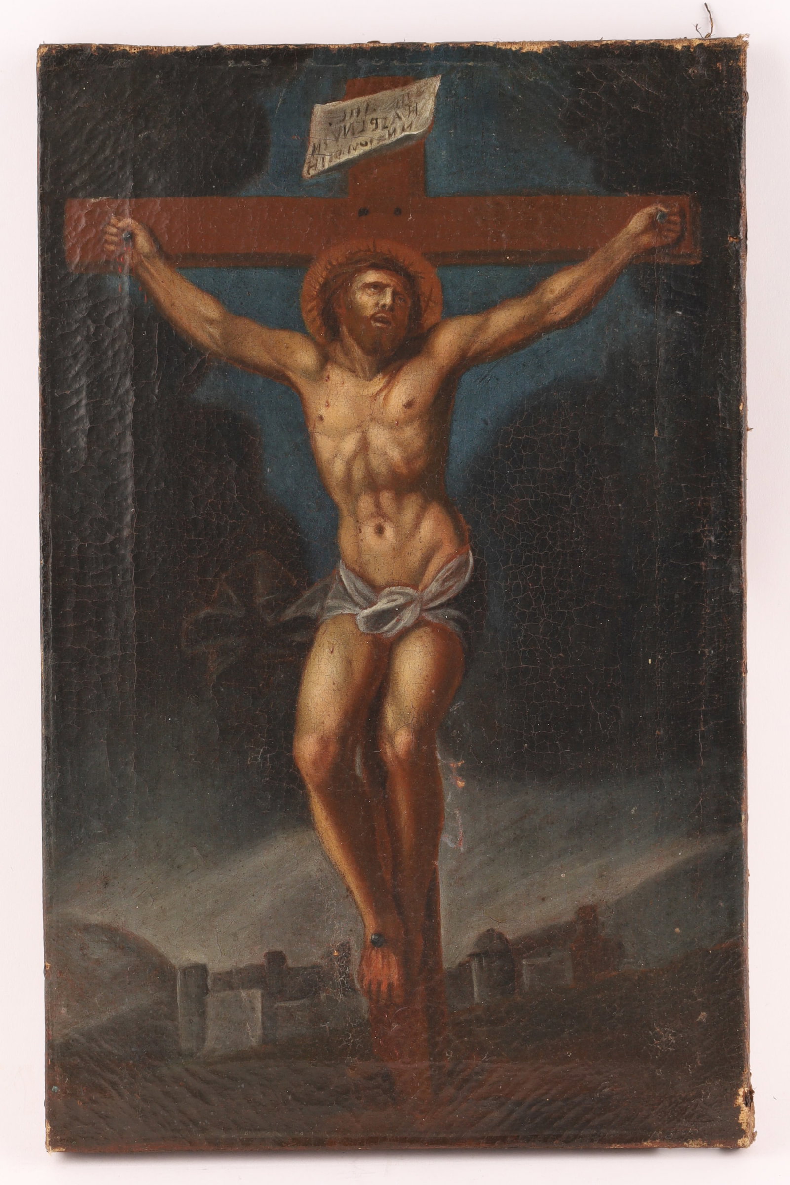 Antique Flemish School Oil on Canvas, Crucifixion of Christ in Landscape (1 of 8)