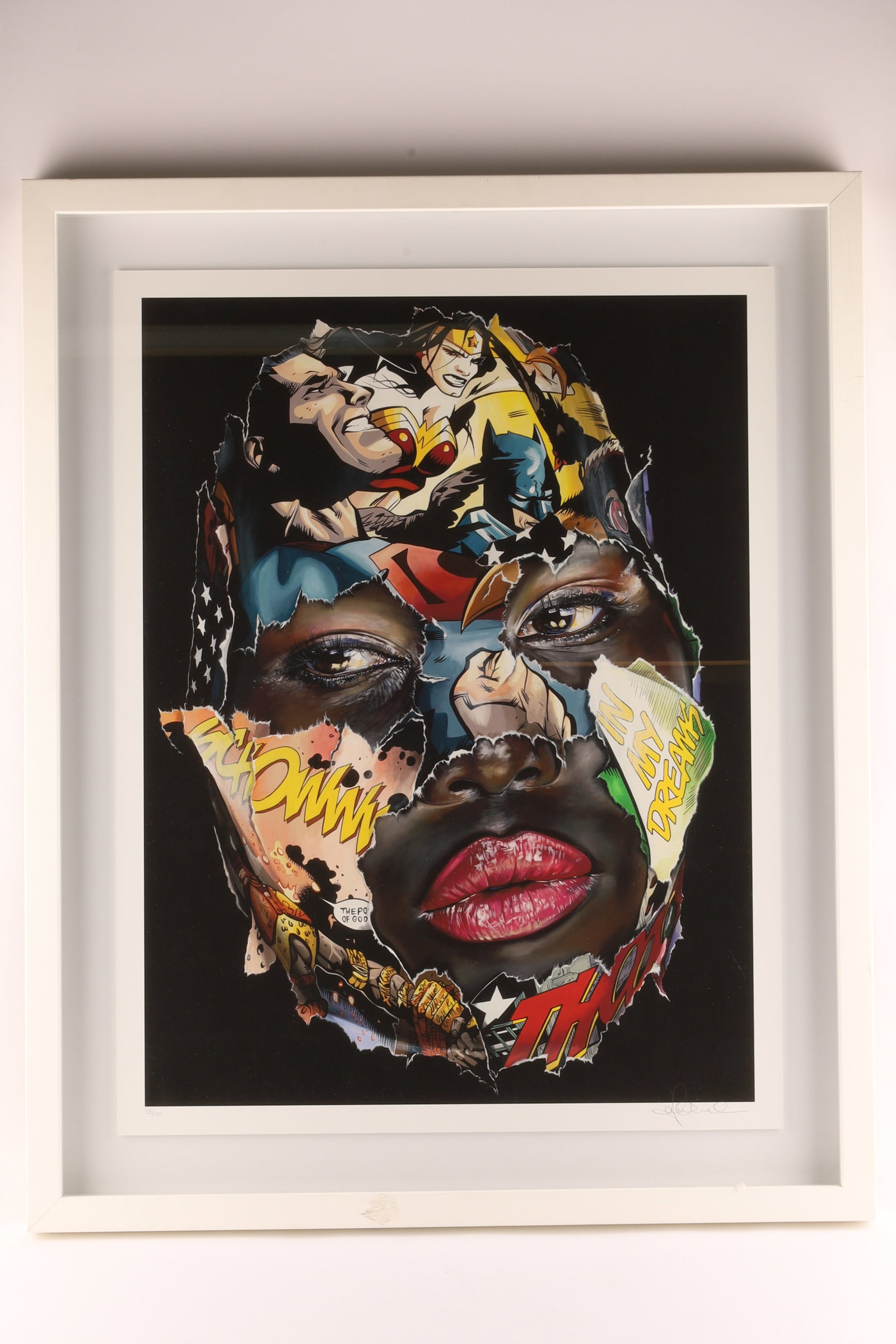 Sandra Chevrier Le pouvoir des dieux, 2013, Colour Silkscreen, Ed. 33/100 signed: Colour silkscreen by Sandra Chevrier from her celebrated La Cage series, titled Le pouvoir des dieux (2013). The work presents a fragmented female portrait overlaid with comic-book imagery referencing