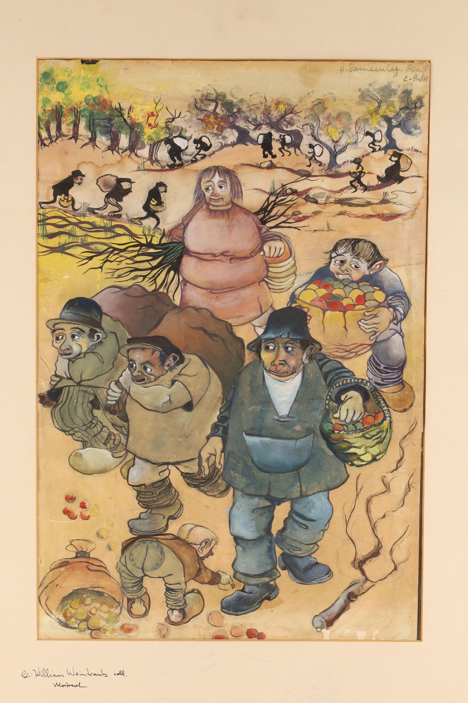 Russian School Workers Scene Watercolour on Paper, Signed, ex. William Weintraub coll., Montreal: A figurative watercolour depicting a lively procession of workers carrying baskets, bundles of branches, and gathered produce through a stylized rural landscape. The foreground presents expressive, ch