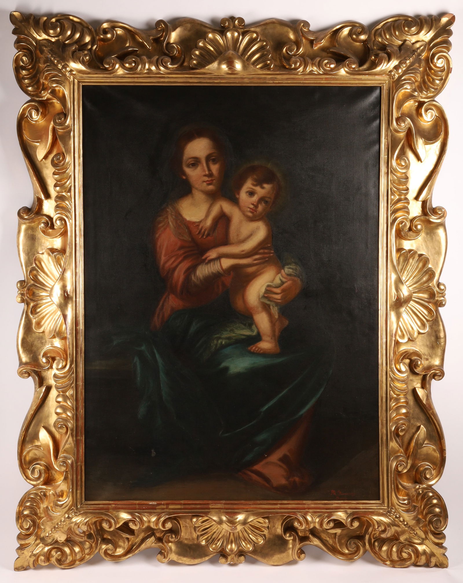 Monumental Antique Oil Painting Our Lady of the Rosary After Murillo Signed M. Franceschini Firenze: Monumental antique oil on canvas painting depicting the Madonna and Child (also known as the Madonna of the Rosary), after a work by Bartolome Esteban Murillo signed lower right Marcantonio Franceschi