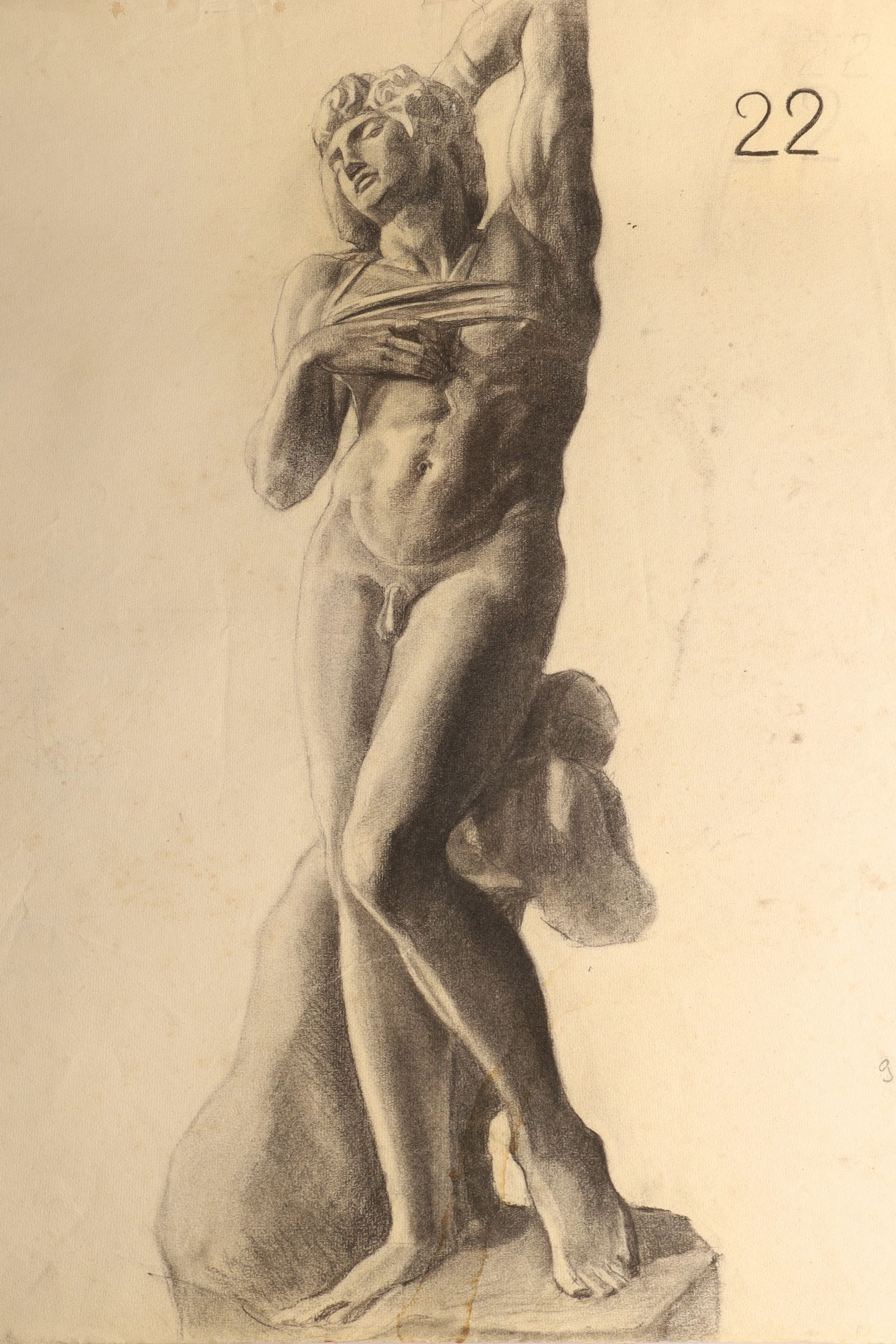 After Michelangelo, Male Nude Study, Graphite drawing on Paper: Academic Study after the Antique (Male Nude) Graphite on paper A large academic figure study depicting a standing male nude after an antique sculptural model, shown in contrapposto with one arm ra