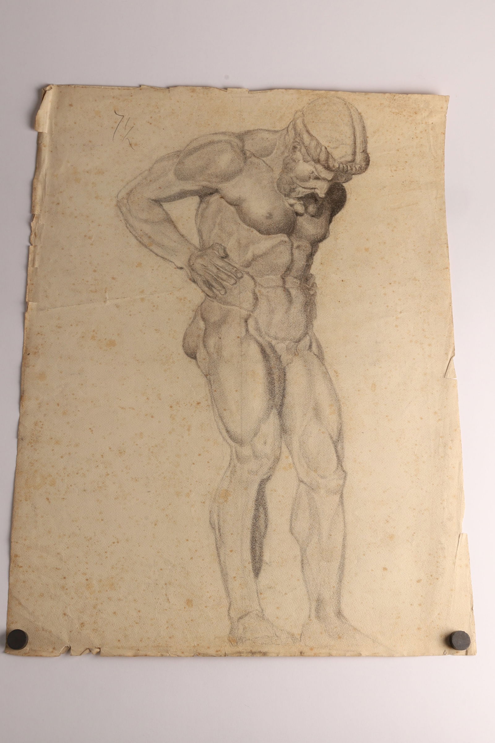 Antique European School, Double Sided Academic Figure Studies, Graphite drawing: Academic Figure Studies (Male Nude and Female Bust) Graphite on paper Double-sided sheet A large academic study sheet bearing two graphite drawings, executed on both sides of the paper. One side d