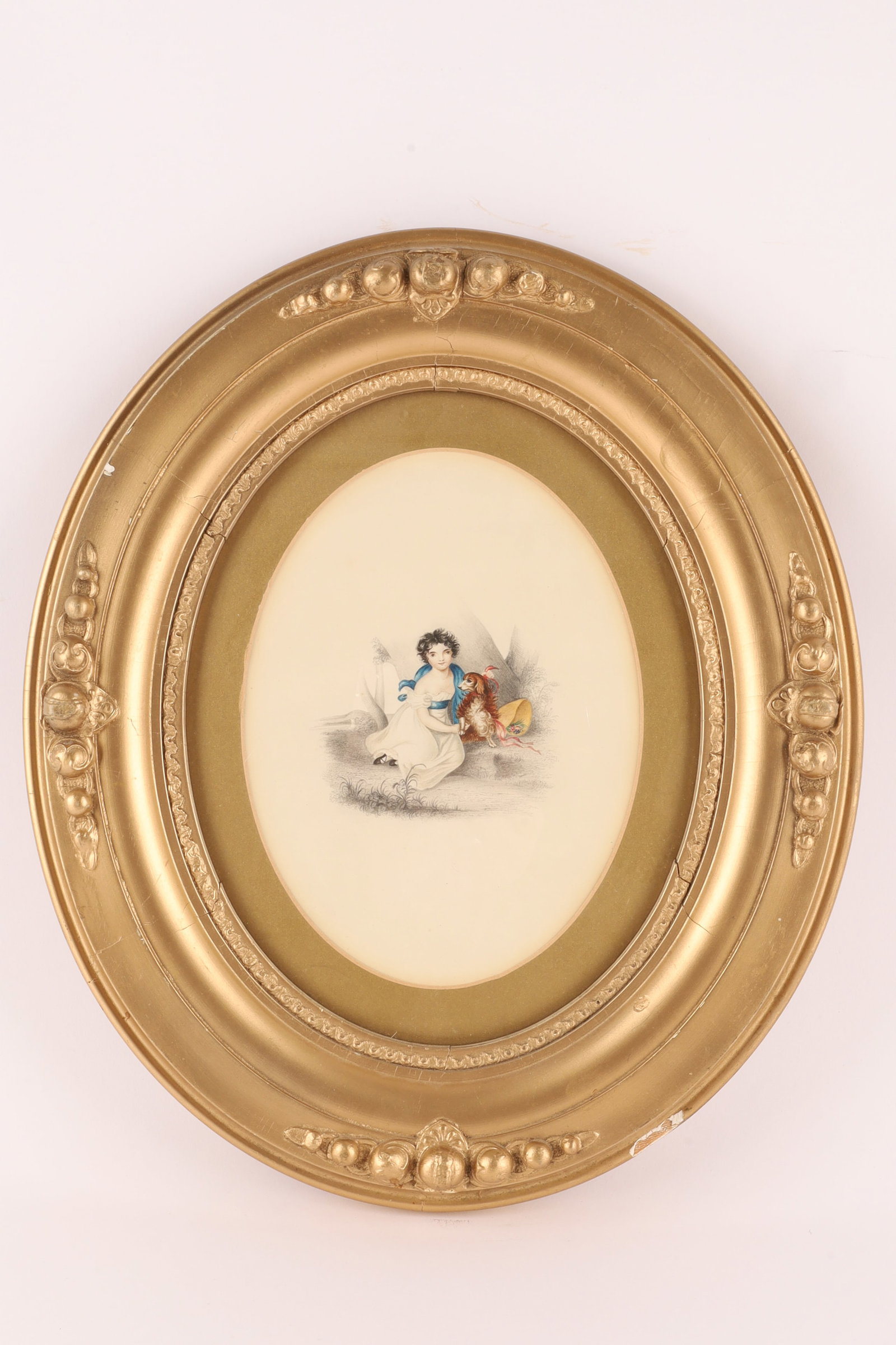 Late 19th c. Hand-Coloured Lithograph of Child with Spaniel, Oval Gilt Frame (1 of 4)