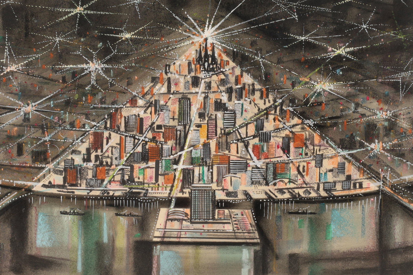 Mid Century Space Age Pastel on Paper NY City Harbour Landscape: Mid Century Futurist Space Age Mixed Media / Pastel on Paper City Harbour Landscape. Abstract or conceptual representation of urban architecture with intricate details of buildings with prominent spar