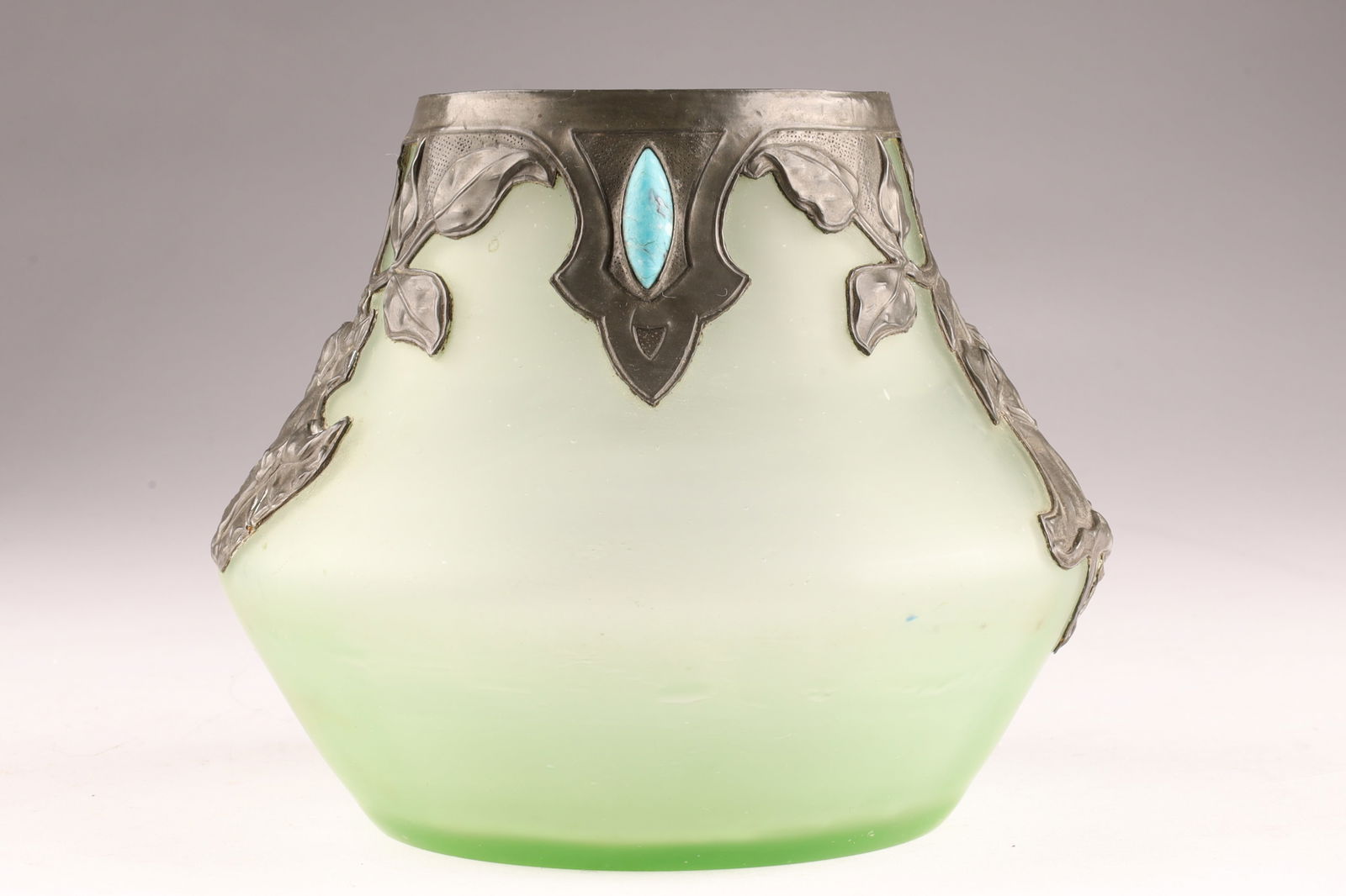 Art Nouveau Green Glass Vase with Metal Overlay and Turquoise Cabochon, ca. 1900 (1 of 7)