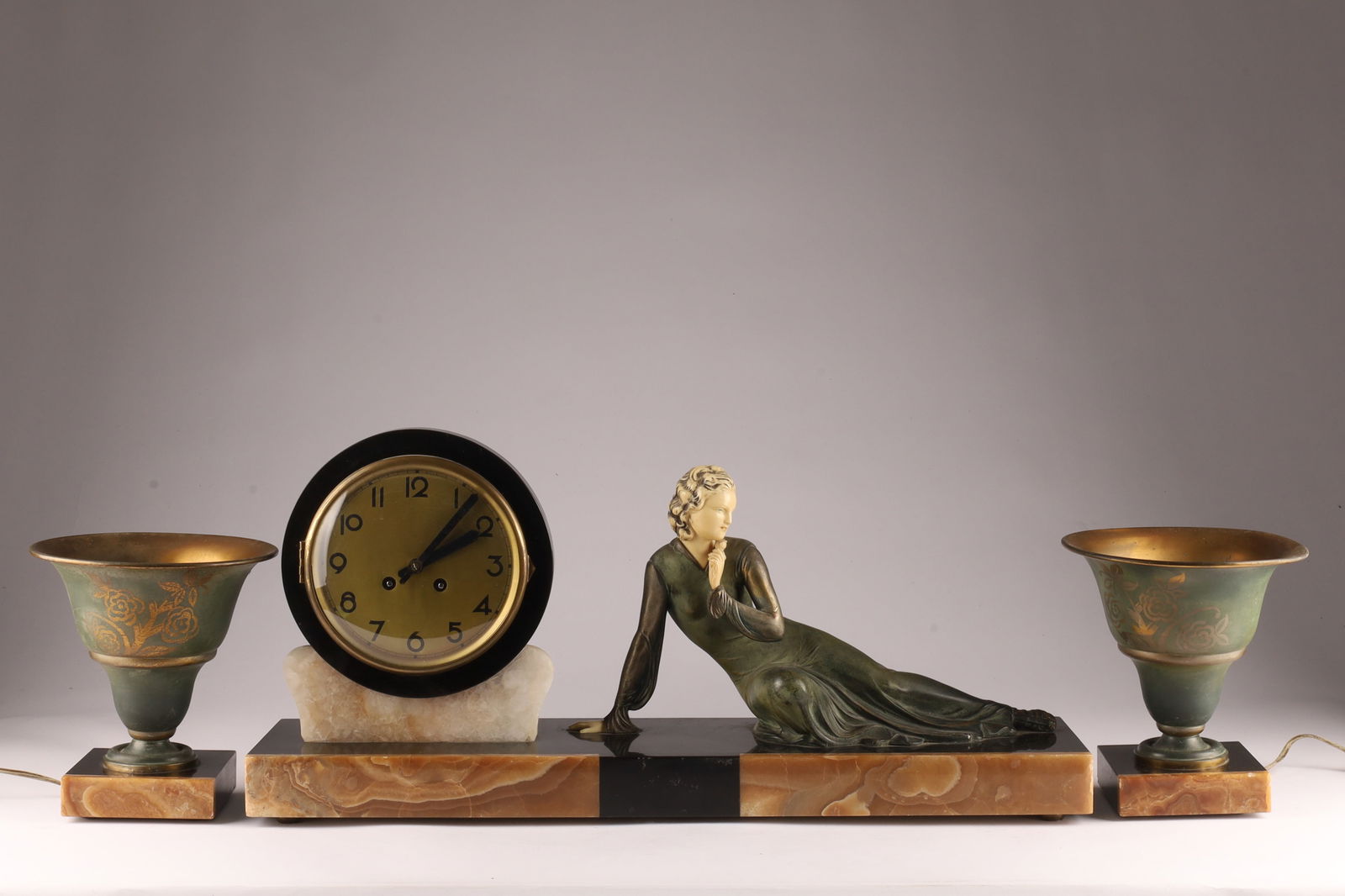 Art Deco Mantel Clock Garniture Signed Menneville, French Marble and Spelter Figural Set (1 of 13)