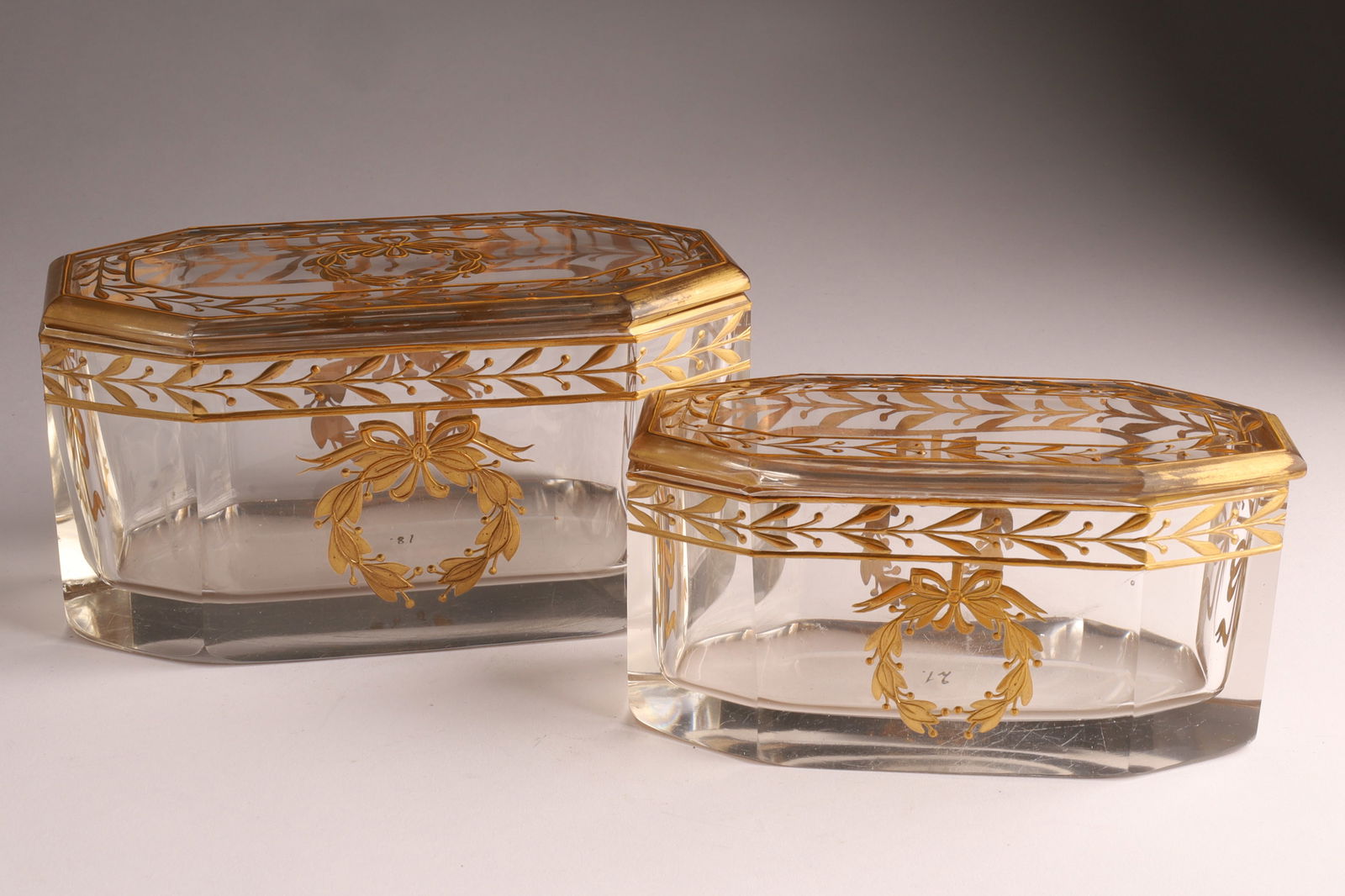 Two Fine Early 20 th C. French Gilt Decorated Glass Dresser Boxes, France ca. 1920 (1 of 11)