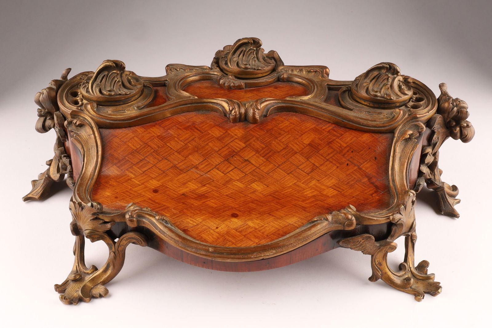 19th C Antique French Rococo Gilt Bronze and Parquetry Inlaid Inkwell Encrier (1 of 10)