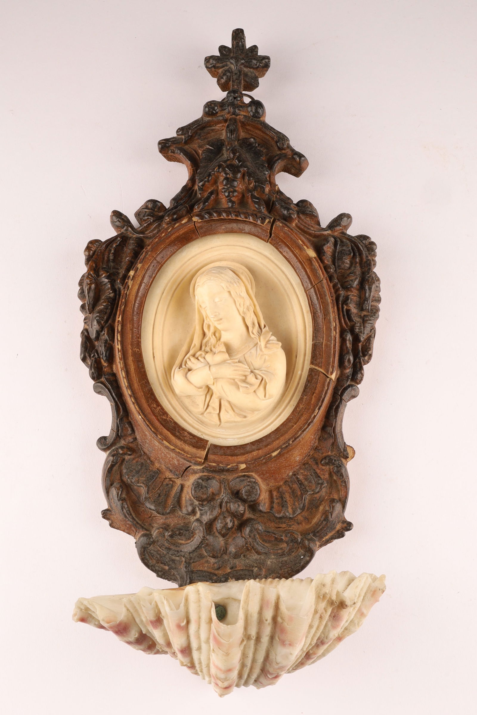 Antique Italian Carved Wood Holy Water Stoup with Madonna & Shell Basin signed Rogeau (1 of 12)