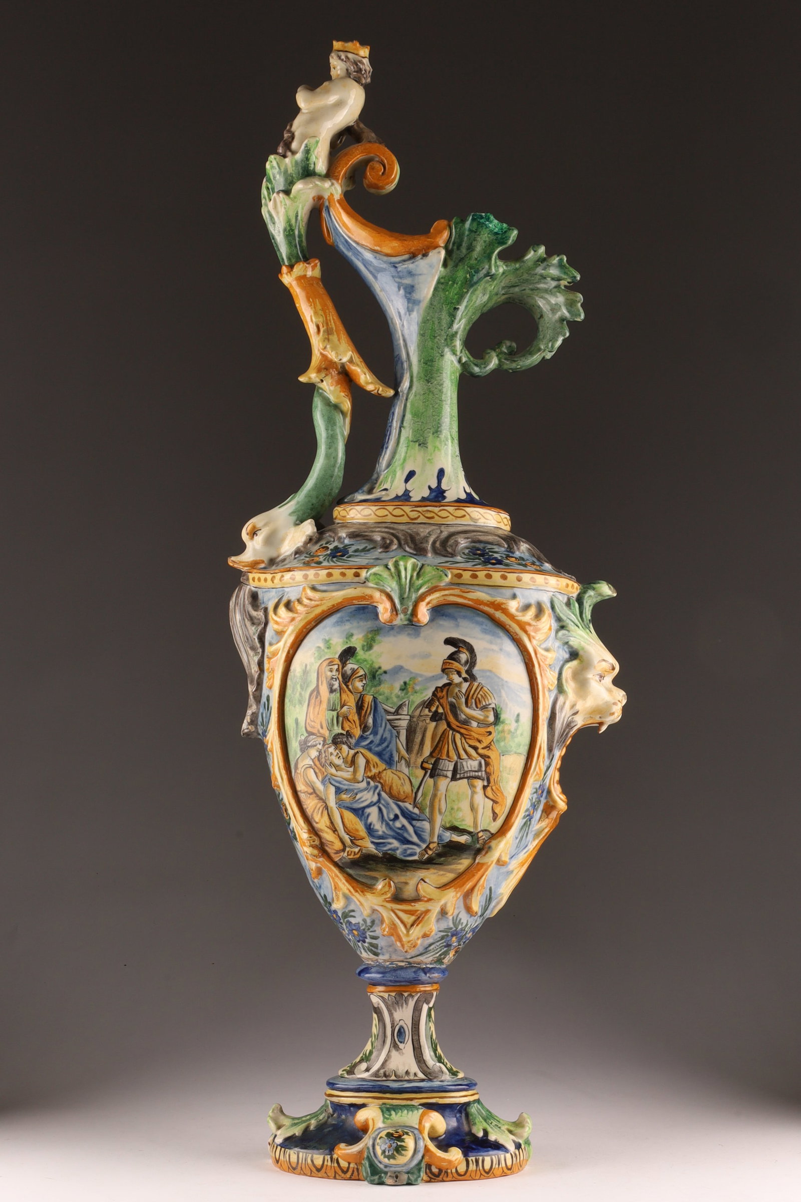Monumental Antique Italian Majolica Ewer, Renaissance Revival Style, Mask Handles and Figural Panels (1 of 16)
