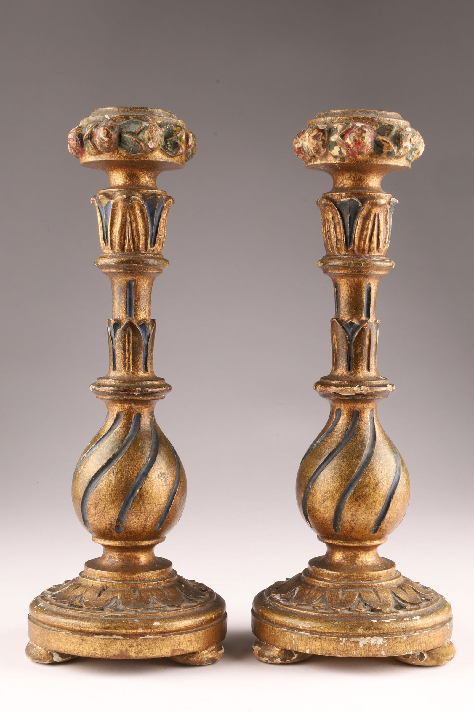 Pair of Antique Style Gilt and Polychrome Carved Wood Candlesticks (1 of 7)