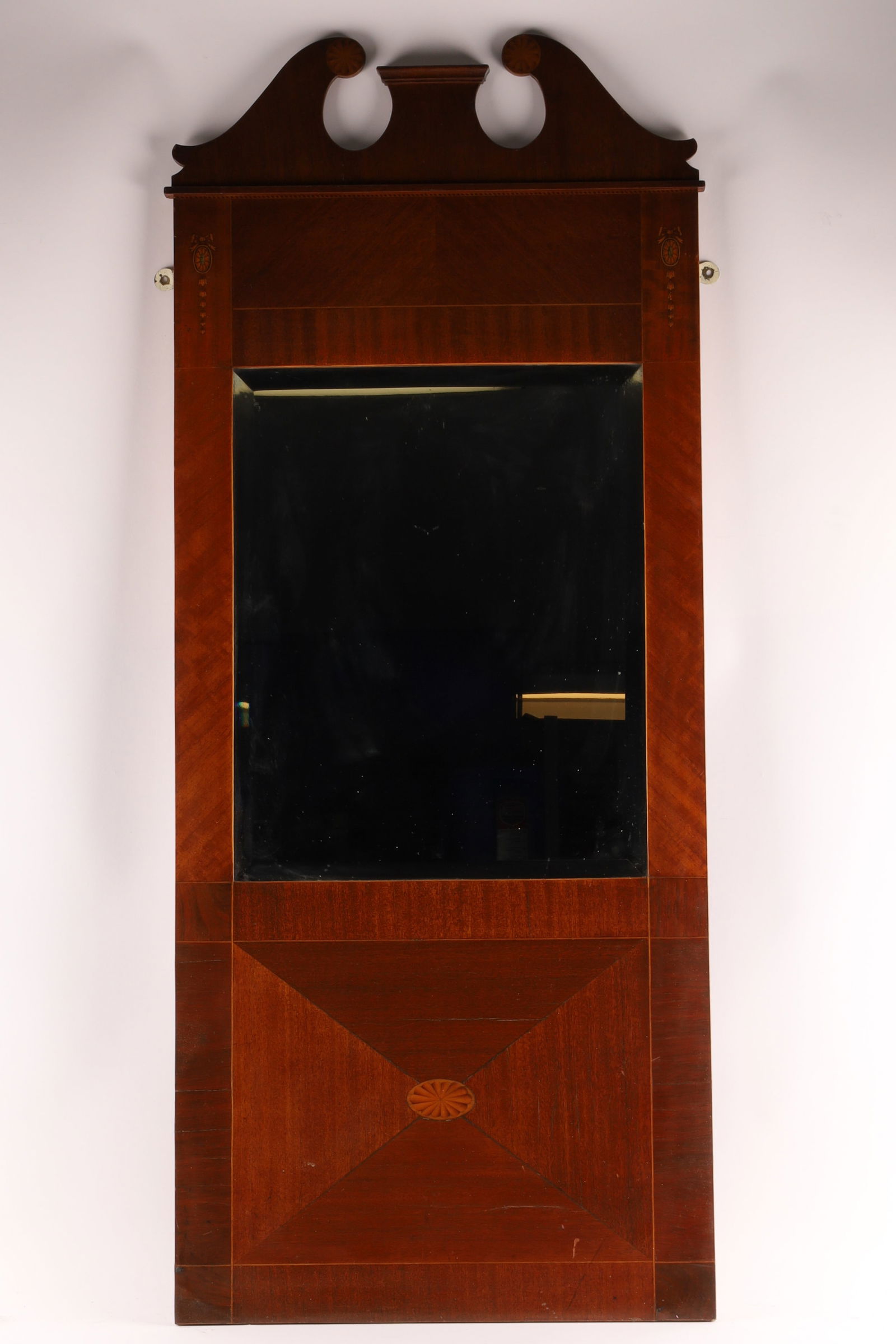 Antique English Edwardian Inlaid Pier Mirror with Beveled Plate: Antique English Edwardian Inlaid Pier Mirror with Beveled Plate, decorative string inlay, bell flowers, and fans. Measuring 48.5 inches H x 20.5 W.