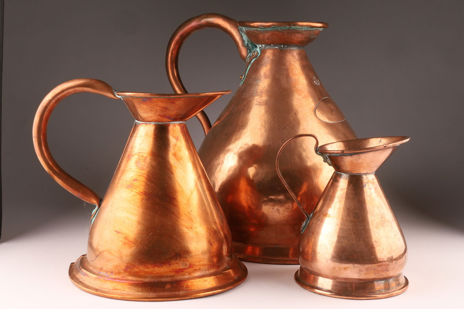 Collection of 3 Antique 19th C. English Copper Haystack Measuring Jugs (1 of 9)