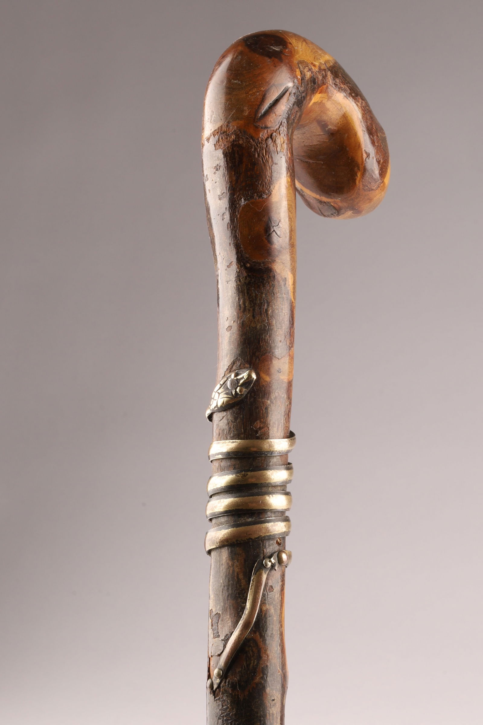 Antique Thornwood Burl Walking Cane with Applied Bronze Snake Collar (1 of 4)
