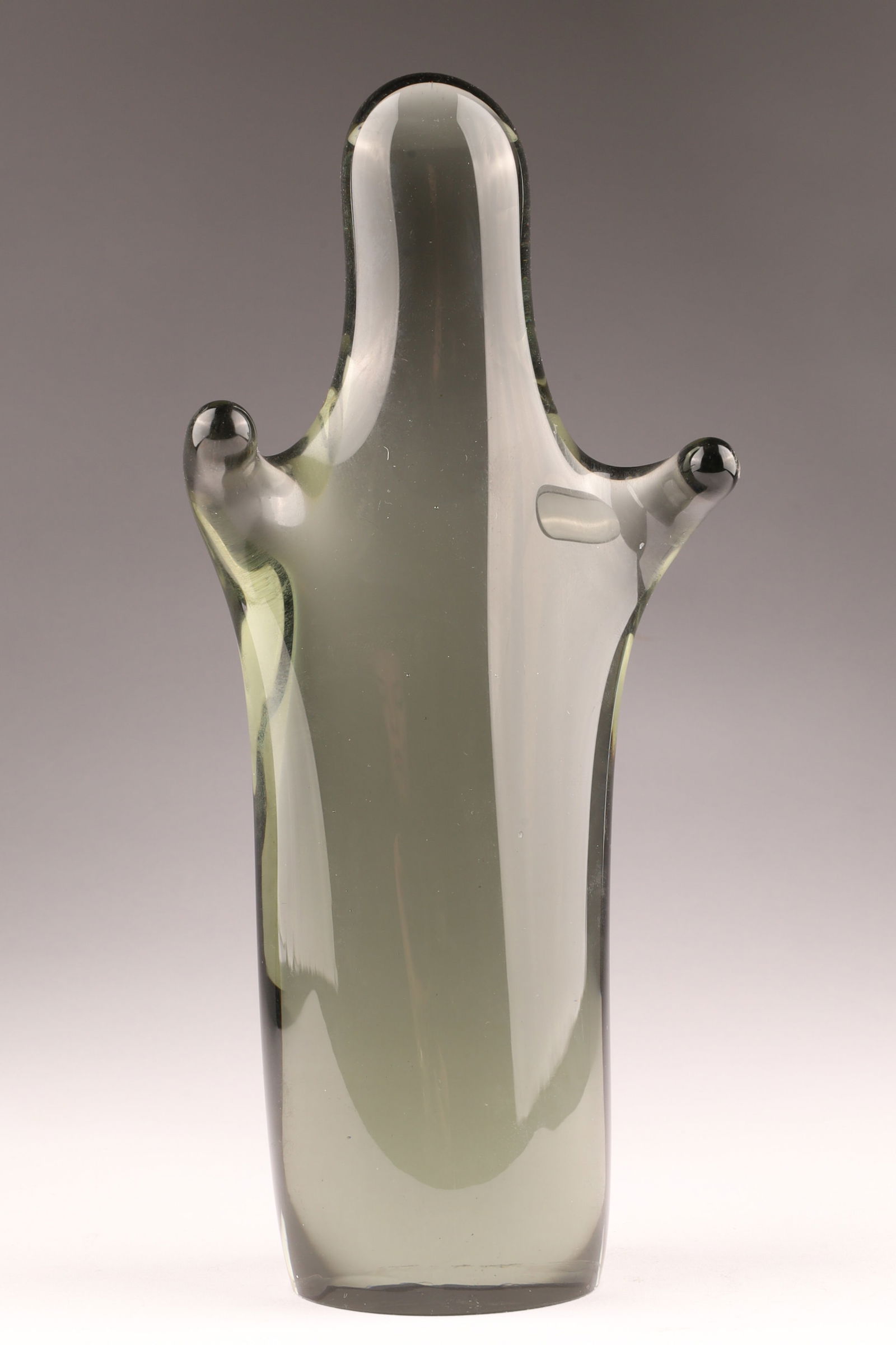 Ole Winther for Holmegaard Denmark, Signed Art Glass Figural Sculpture, Ghost: Mid Century Modern studio art glass sculpture of the ghost of Sir Julius, depicting a stylized standing figure with outstretched arms and rounded head, executed in translucent smoky olive-brown glass