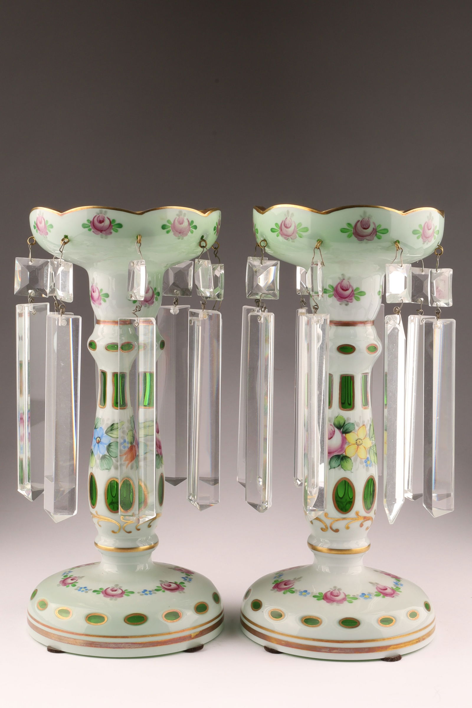 Pair of Bohemian Glass Lustre Mantel Candelabra, Enameled and Gilt with Prisms, 10.5 Inches (1 of 8)