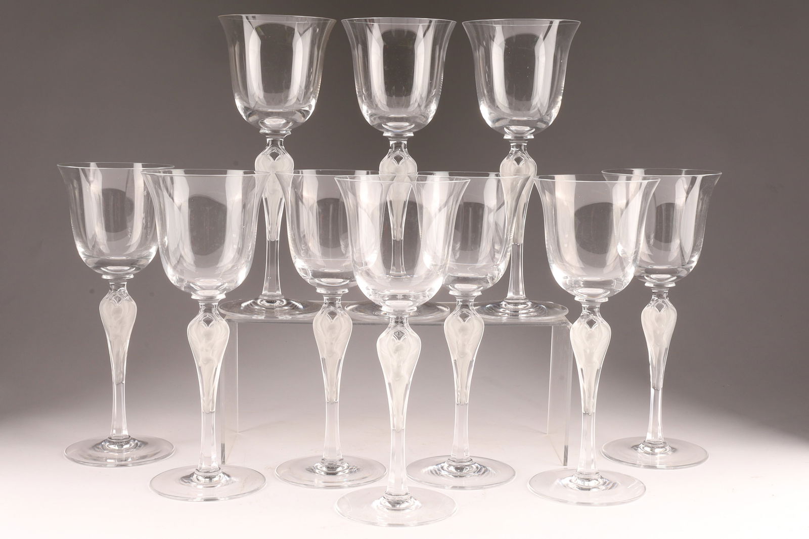 Collection of 10 Igor Carl Faberge Anna Pavlova Ballerina Crystal Wine Glasses: Collection of 10 Igor Carl Faberge Pavlova Crystal Wine Glasses, featuring a bell-shaped bowl atop a frosted figural stem of a ballerina. Designer: Igor Carl Faberge. Model: Pavlova. Dimensions: