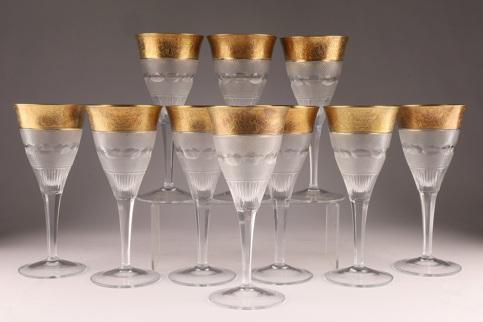 Set of 10 Moser 24K Gold Splendid Pattern Cut Crystal Wine Glasses (1 of 6)