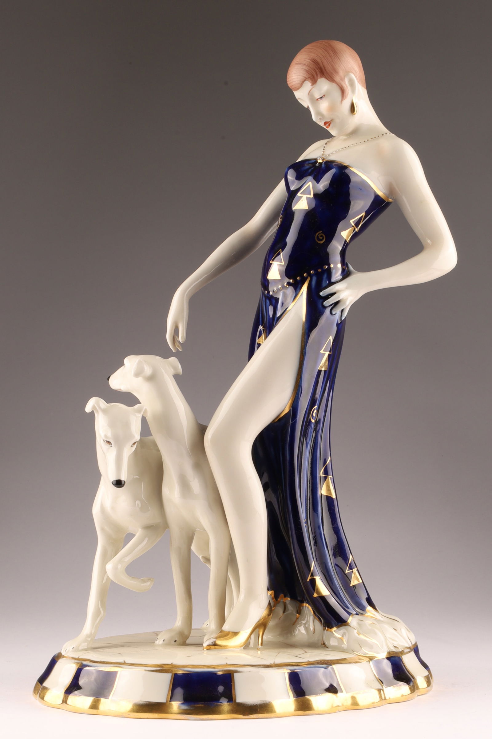Royal Dux Art Deco Figural Group featuring a Flapper Maiden with Two Dogs (1 of 9)