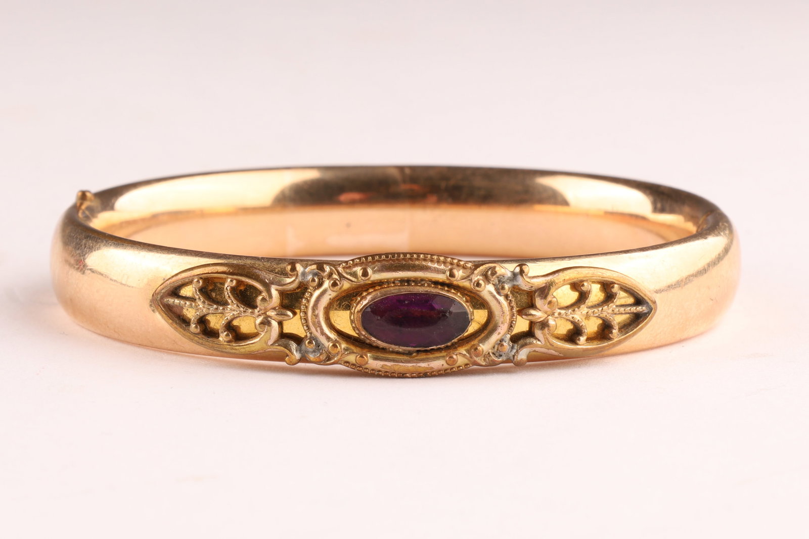 Antique Victorian Hinged Gold Filled Bangle Bracelet with Faceted Amethyst Glass Cabochon (1 of 5)