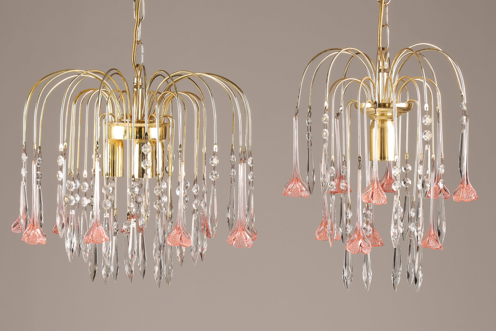 Pair Vintage Murano Glass Chandeliers, Pink Flower Drops & Crystal Prisms, Italy (1 of 5)