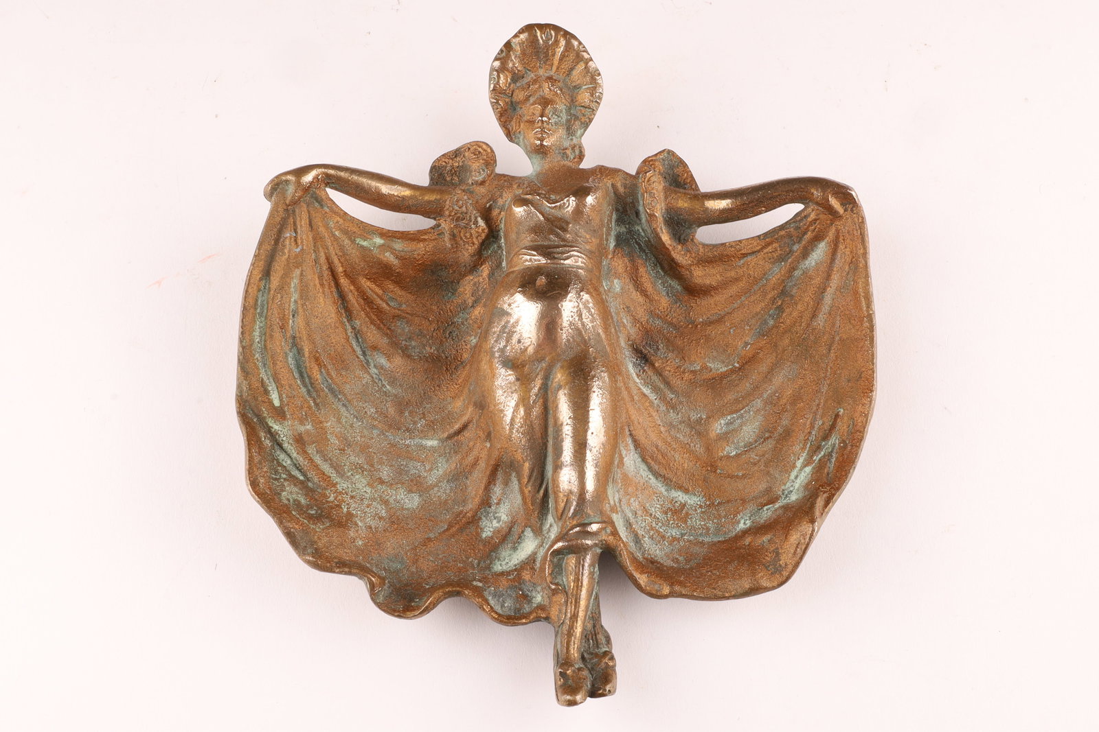 Art Nouveau Cast Bronze Pin Tray Trinket Dish Dancing Girl: Art Nouveau bronze or brass tray, featuring a three-dimensional figure of a dancing lady with flowing garments. Type: Trinket dish, calling card tray, or ashtray. Style: Art Nouveau, ch