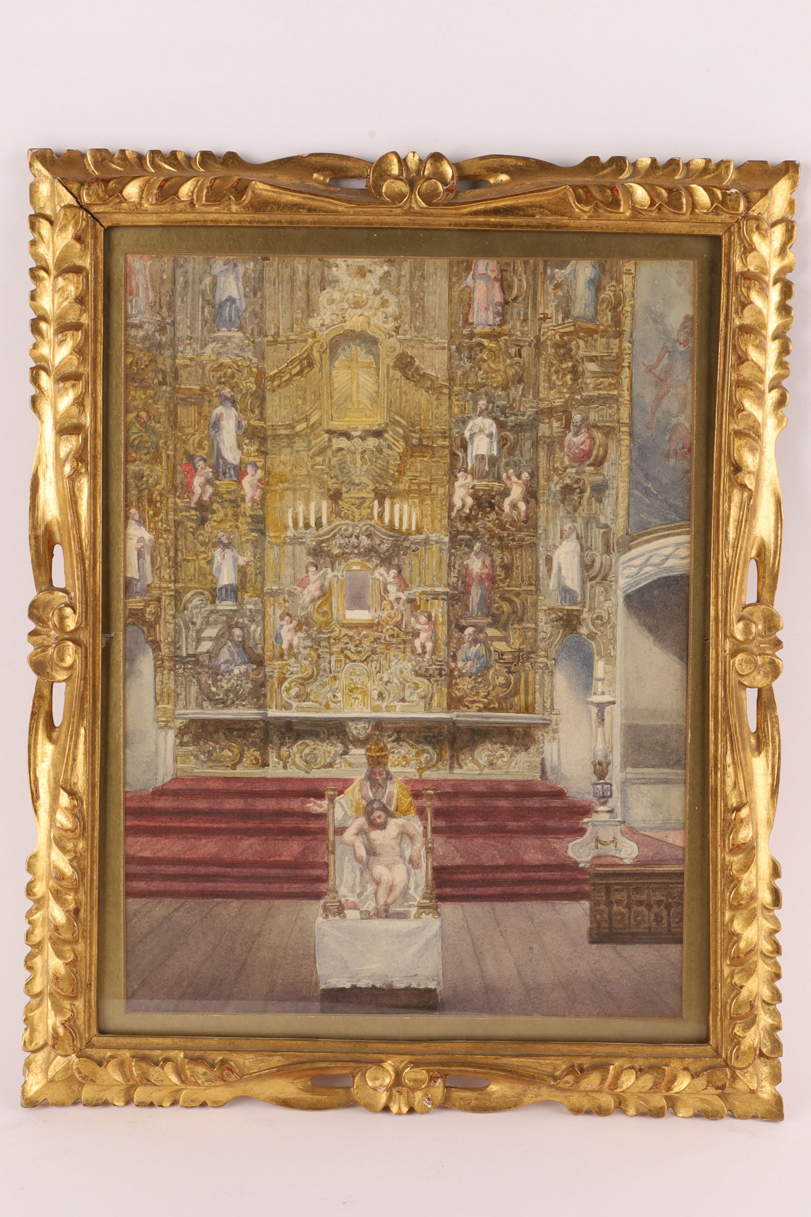Leandro Izaguirre (Mexico, 1867-1941) Watercolour of Baroque Church Interior with Christ, Framed (1 of 11)