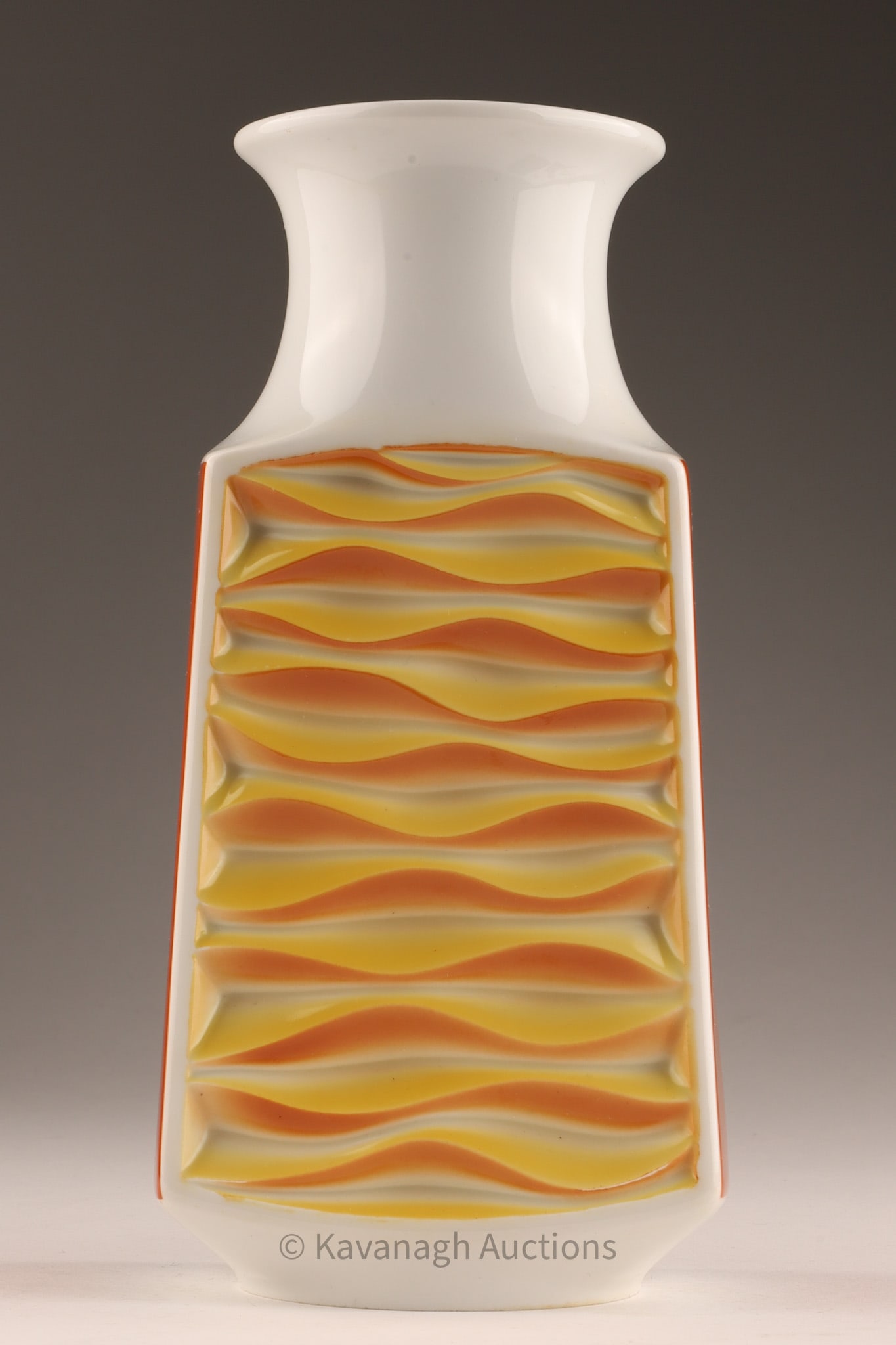Mid Century Modern Plankenhammer Bavaria Op Art Porcelain Vase: Mid Century Plankenhammer Floss Bavaria porcelain vase featuring a distinctive yellow and orange op art wave design. Manufacturer: Plankenhammer Floss, Germany Era: 1960s Dimensions: Approx