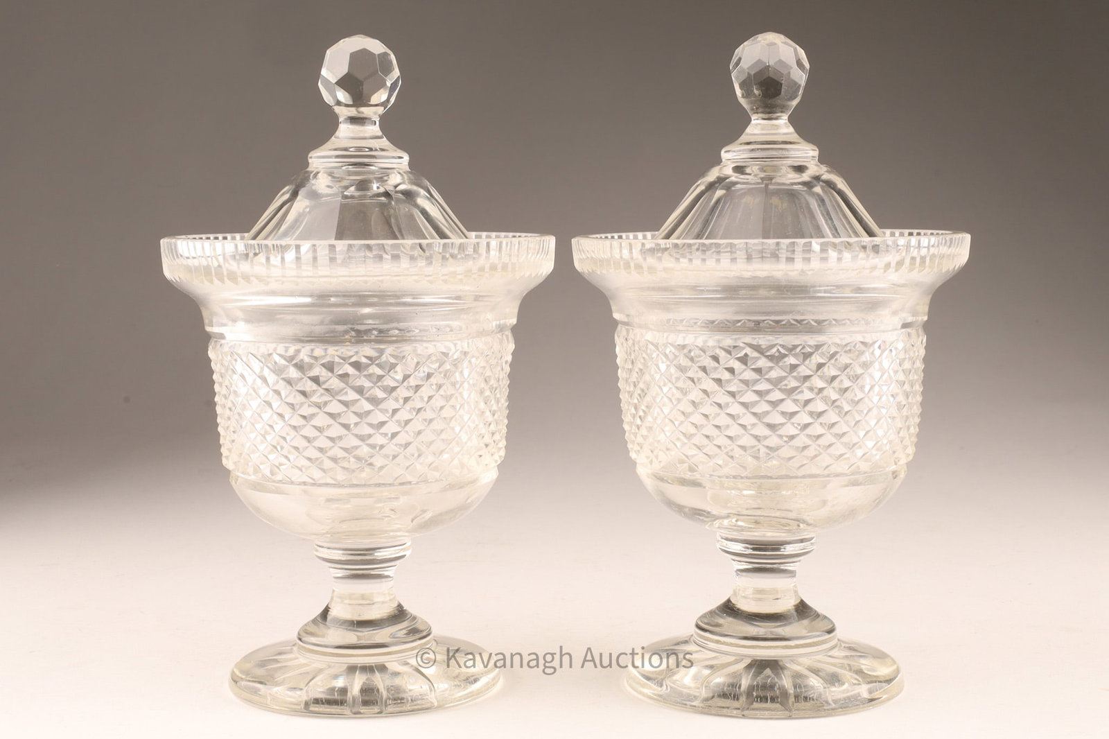Pair of Antique Diamond Cut Crystal Covered Urns Compotes Candy Boxes (1 of 6)