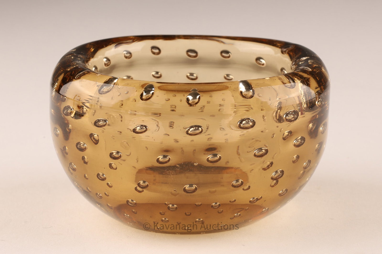 Carlo Scarpa for Venini “a Bolle?? (Bullicante) Bowl, Amber Glass, Signed Venini Murano Italia,: A refined and architectonic Murano glass bowl from the celebrated “a Bolle” (bullicante) series, designed by Carlo Scarpa for Venini, circa 1946–1955. Executed in transparent smoky amber (f