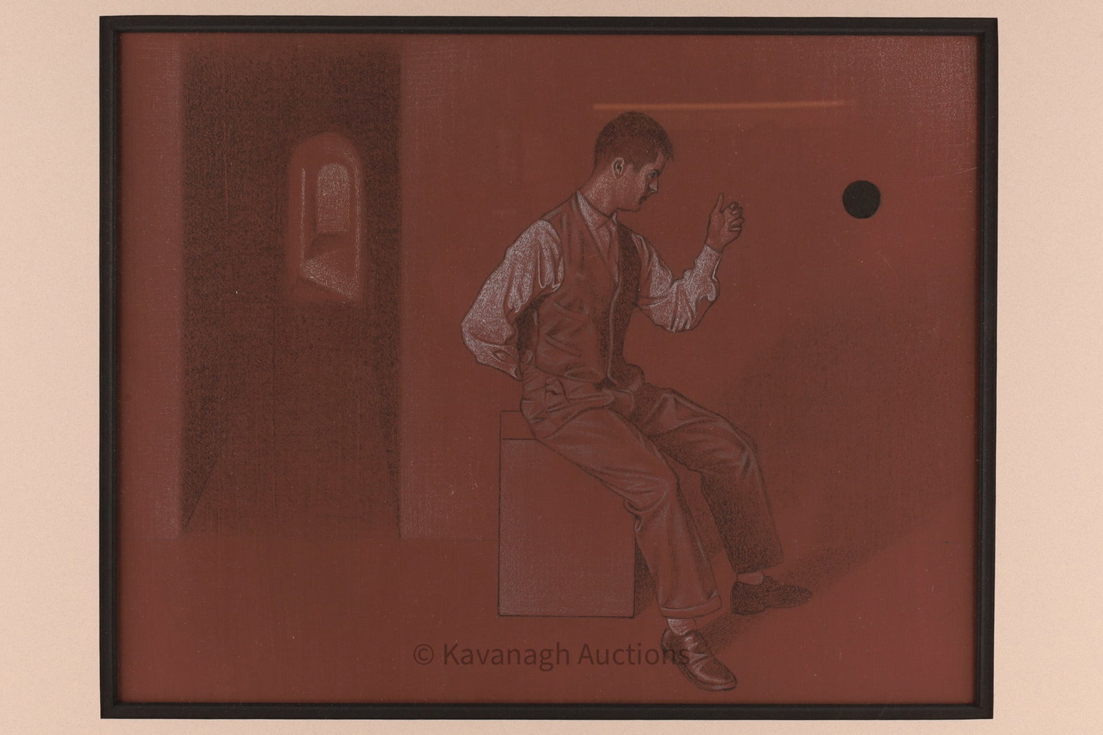 Pierre Dorion (b. 1959) Untitled Seated Figure, Gouache and Colored Pencil, Framed: A contemplative mixed media work by Canadian artist Pierre Dorion, executed in gouache and colored pencil on paper. Presented under glass within a wide mat and dark wood frame, the work reflect