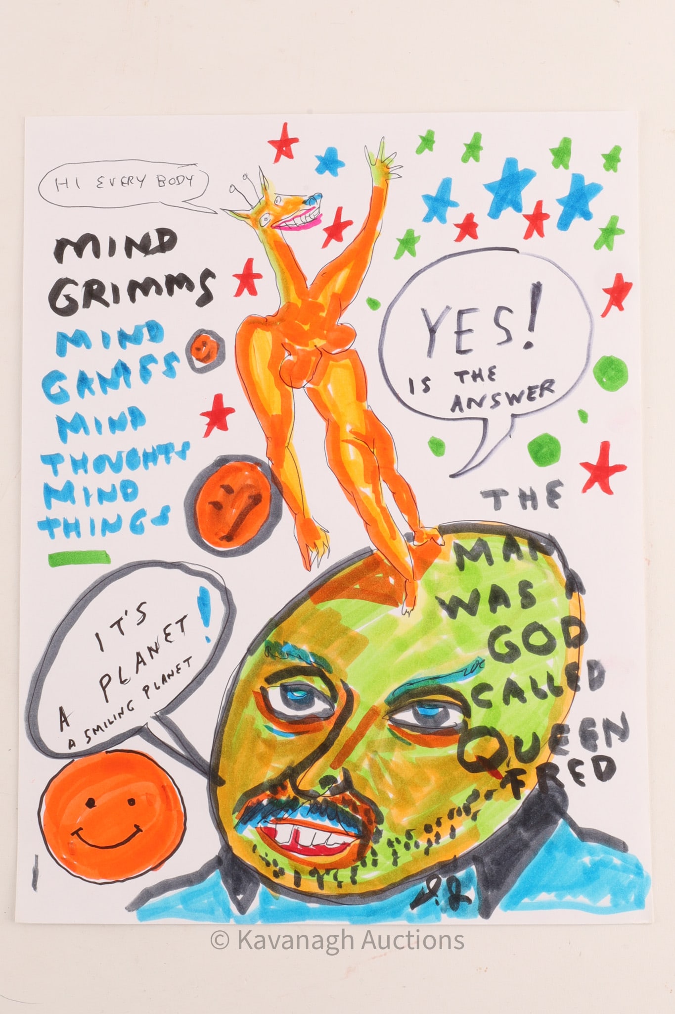 Daniel Johnston (1961–2019) Untitled (Mind Grimms / Queen Fred) Ink & Marker Drawing, Signed: An original mixed media drawing by Daniel Johnston, executed in ink and colored marker on paper and signed by the artist. Details Artist: Daniel Johnston (American, 1961–2019) Title: Unt