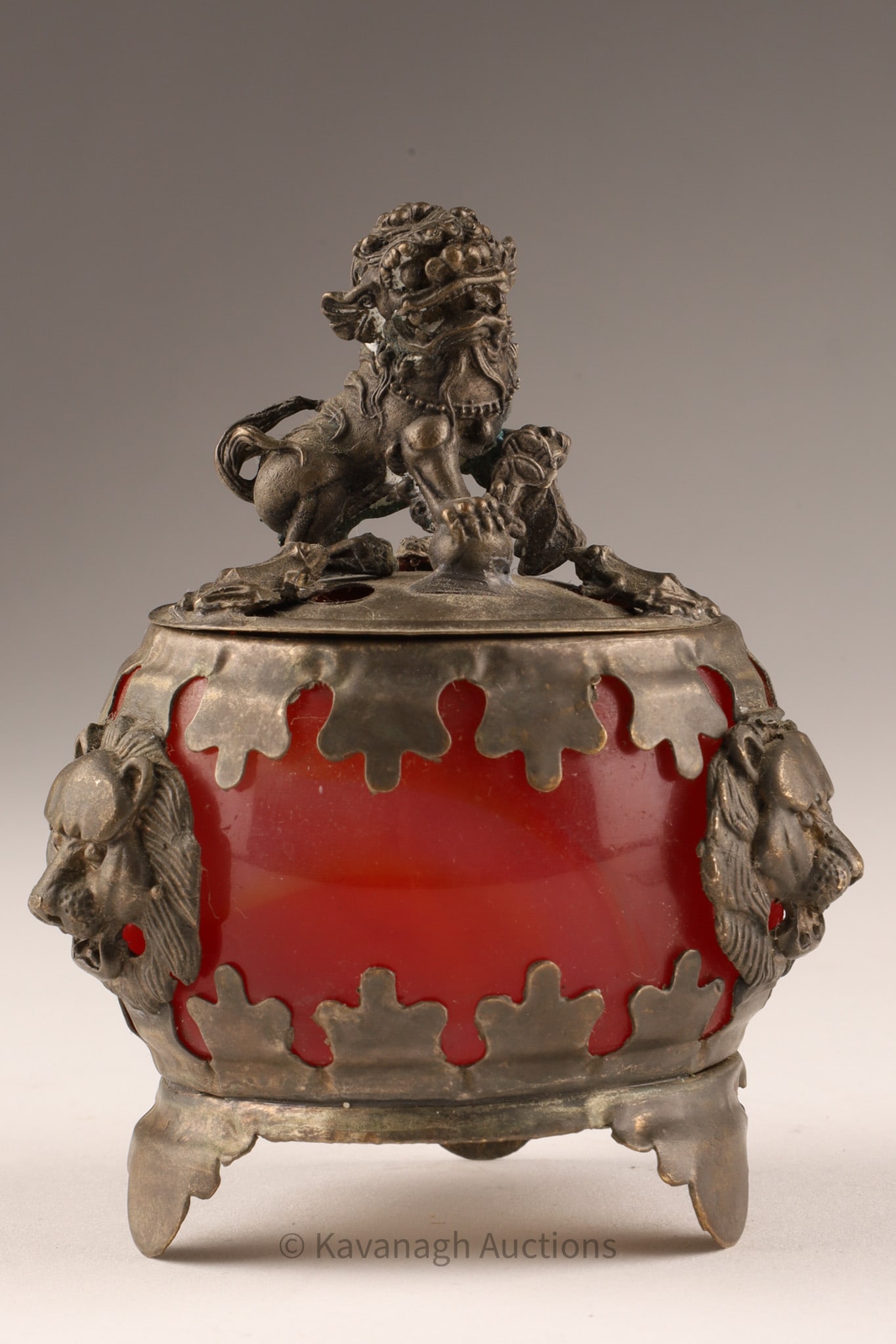 Chinese Silver Metal and Carnelian Censer, Fine Foo Dog Finial with lion head motifs, (1 of 7)