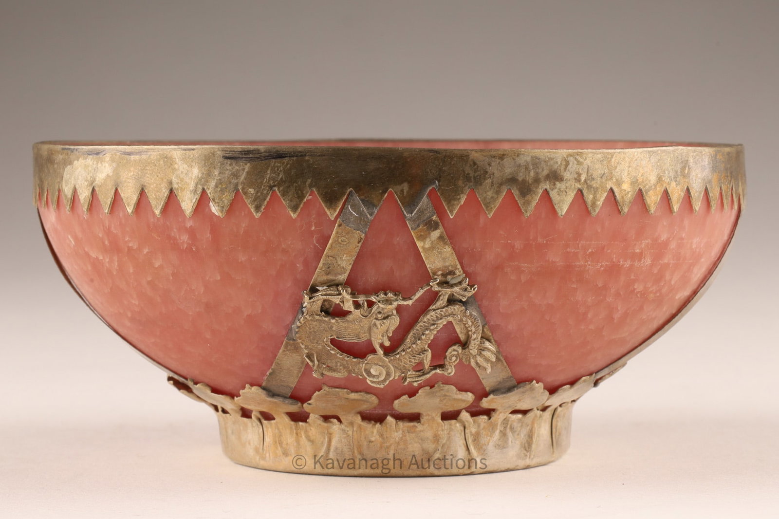 Chinese Silvered Metal and Crystal Pink Stone Bowl, Dragon and Bird Motif (1 of 8)