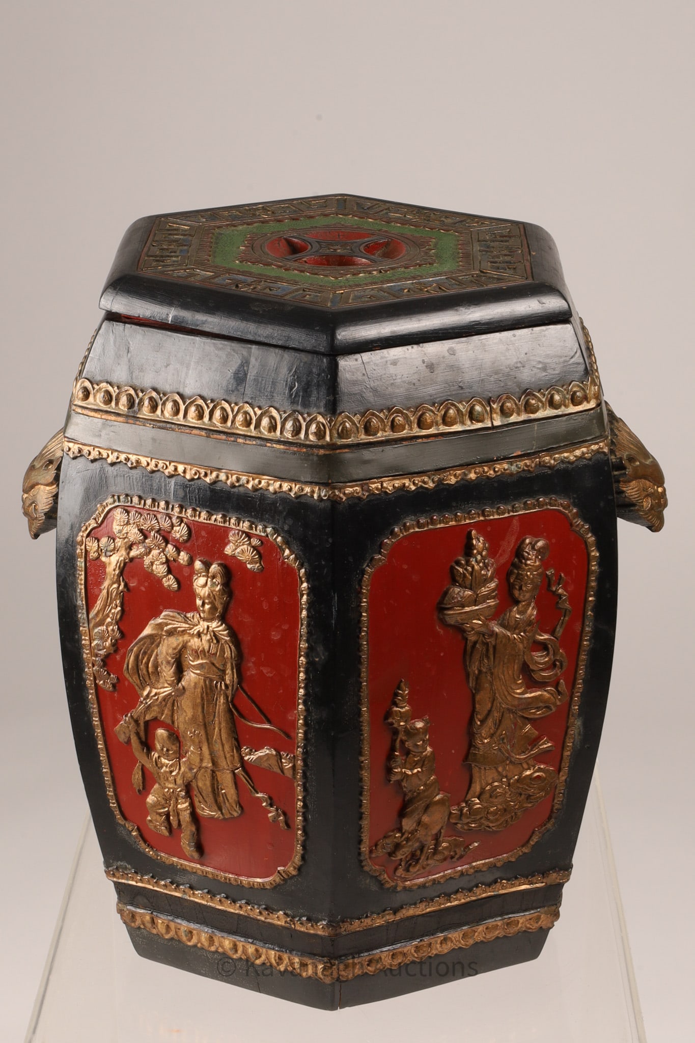 Chinese Lacquered Rice Barrel, Carved & Gilt Figural Panel, Hexagonal Storage Vessel (1 of 8)