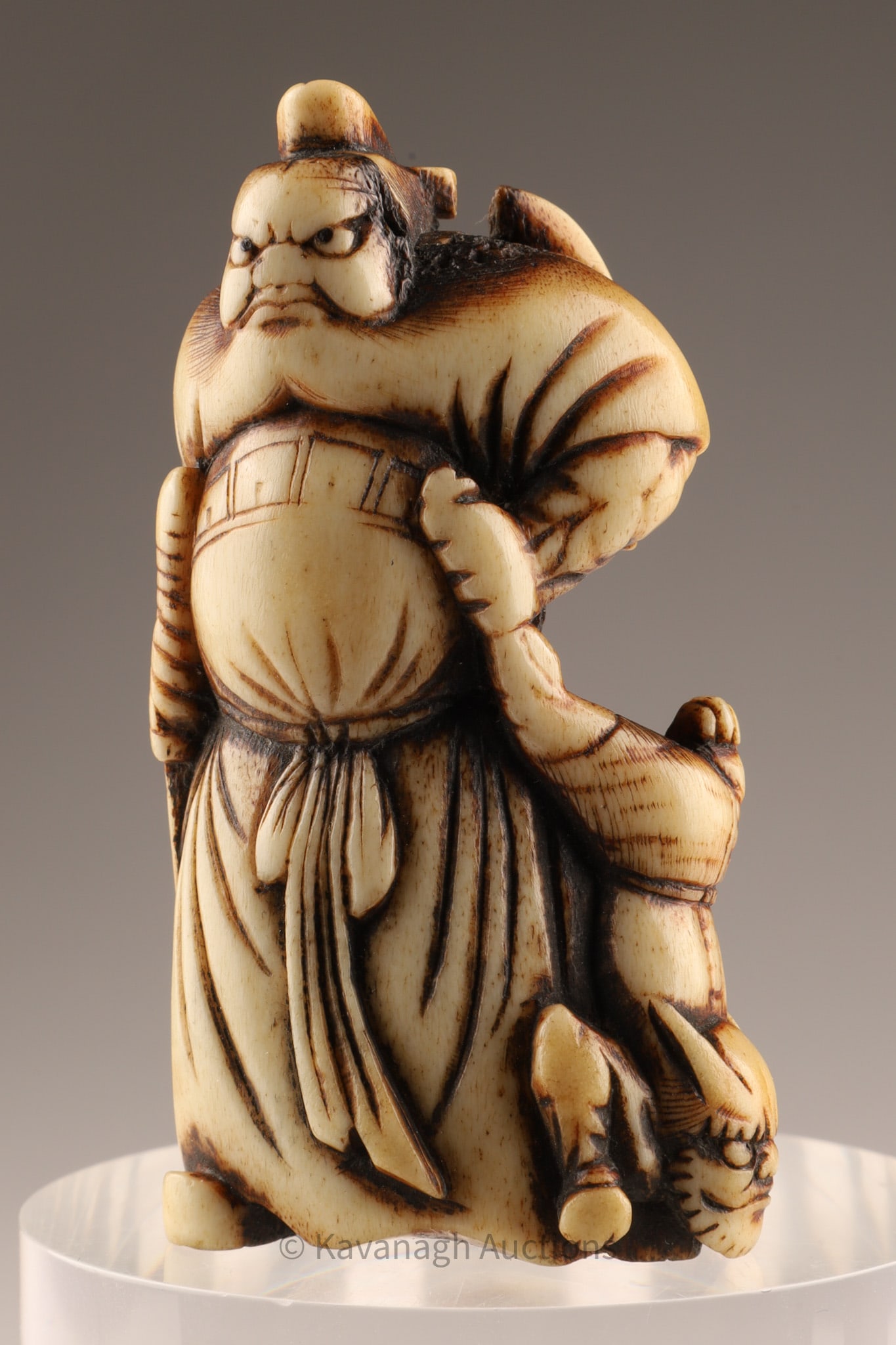Antique Japanese Netsuke Sh?ki the Demon Queller: Antique Japanese Netsuke Sh?ki the Demon Queller. Finely carved with a demon in one hand and a sword in the other. Origin: Japan Date / Period: 19th C. Dimensions: 2.5" x 1.25