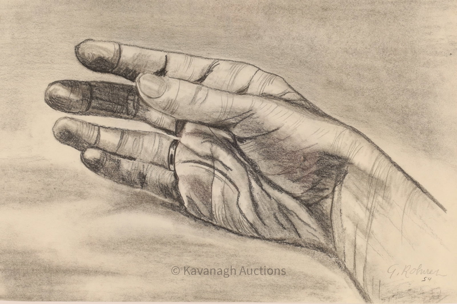 George Rohner (Canadian, 1913-2008) Study of a Hand, 1954 Graphite Drawing: Expressive graphite drawing depicting a carefully observed study of a human hand. Executed with confident linework and tonal shading emphasizing anatomical structure and gesture. Signed and dated 1