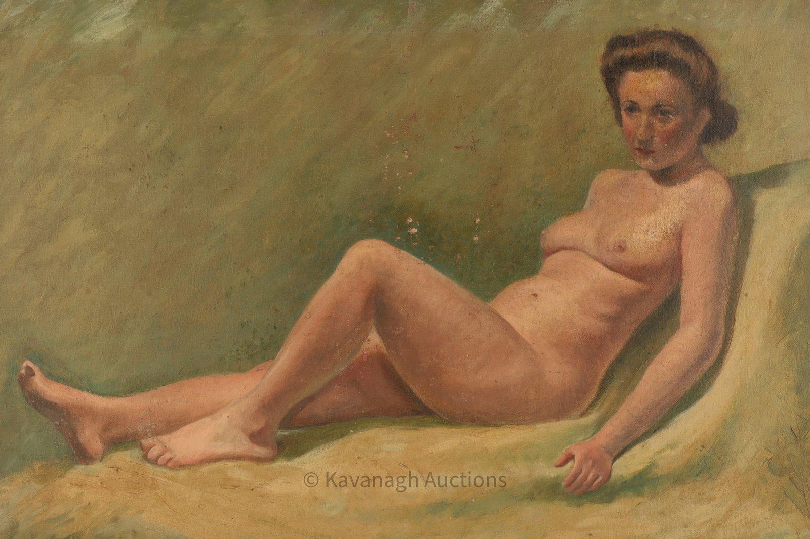 Franz Lau (German, 1889-1970) Oil on Canvas, Portrait of a Reclining Nude Woman: Franz Lau (German, 1889-1970) Oil on Canvas mounted to board, Portrait of a Reclining Nude Woman. Signed lower right, measuring 18.5 inches H x 24.75 W. Inventory number to back, A - 74678 FX. Franz L